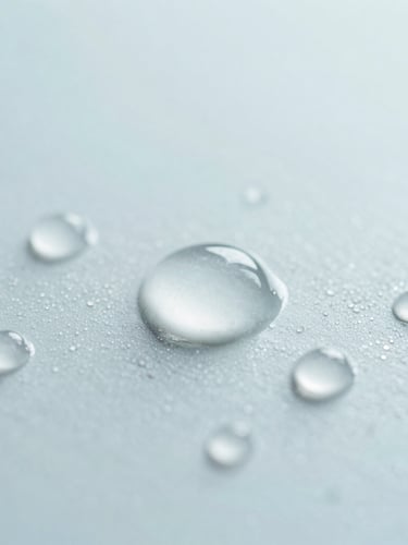 Macro close-up of crystal clear water droplets on a pristine glass surface, bright high-key morning light, translucent ice-blue tones, shallow depth of field