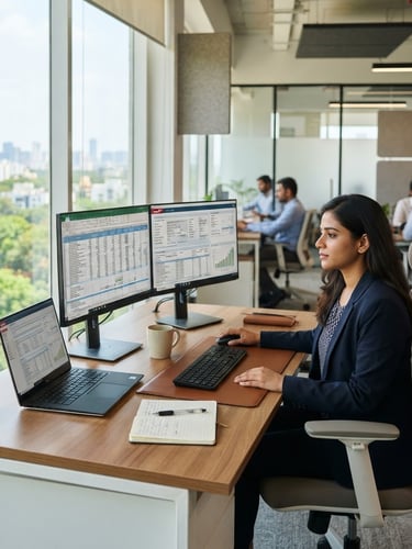 Clean modern office space in Bengaluru, bright natural light, professional workspace with dual monitors showing tax software, sharp focus, 35mm lens.