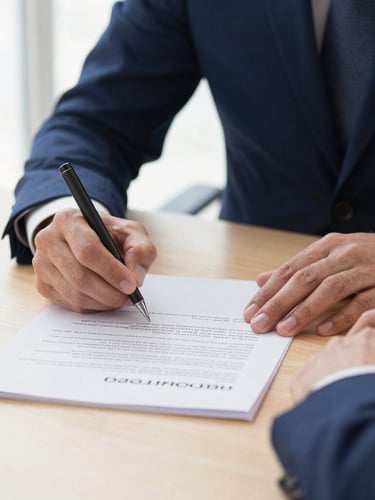 Close-up of hands signing legal documents on a clean wooden desk, soft natural office light, professional corporate navy tones, sharp focus, 35mm lens