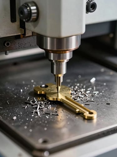 Macro shot of a high-precision laser key cutting machine milling a brass car key blade inside a mobile workshop, bright natural daylight, sharp metal shavings.