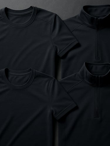 Close-up flat-lay of curated event apparel kits, showing high-performance t-shirts and mid-layers in deep charcoal tones with precise stitching, sharp overcast daylight