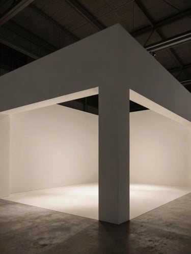 Wide-angle architectural photograph of a high-end minimalist exhibition stand in a real pavilion, sharp structural lines, dramatic exhibition spotlighting, sober desaturated tones