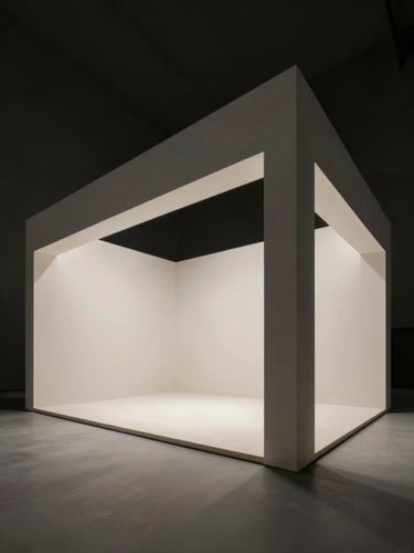 Wide-angle architectural photography of a completed premium exhibition stand, dramatic exhibition spotlighting, sharp structural lines, sober desaturated tones, negative space on the left