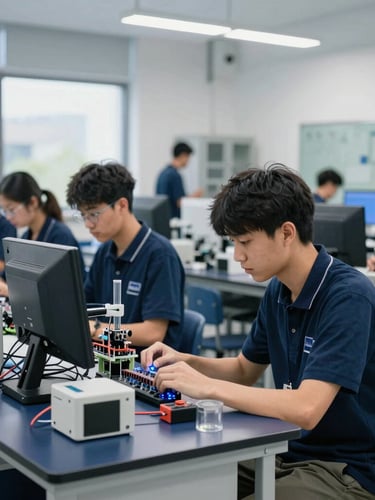 Dynamic environmental wide shot of the technical prototyping lab with students working in the background, sharp focus, 35mm modern editorial.