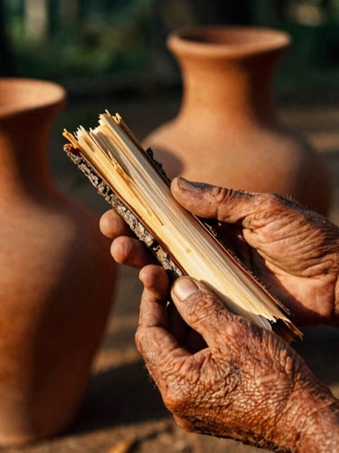 Close-up of weathered hands of an elder holding freshly stripped tree bark, warm golden hour sunlight, terracotta clay vessels in the background, highly textured 35mm photography.