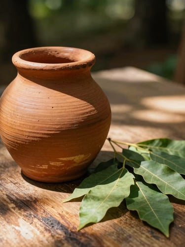 Close-up of a rustic clay pot (quartinha) next to dry jurema leaves on a weathered wooden table, warm sunlight filtering through leaves, 35mm photography