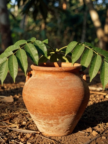 A rustic clay pot sitting on dry earth, surrounded by fresh green jurema leaves, warm golden hour sunlight filtering through caatinga vegetation, 35mm editorial photography