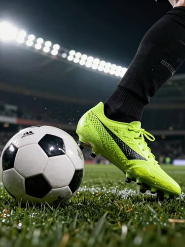 Low-angle dramatic close-up of a football boot striking a ball on a penalty spot under stadium floodlights, grass flying, high contrast.