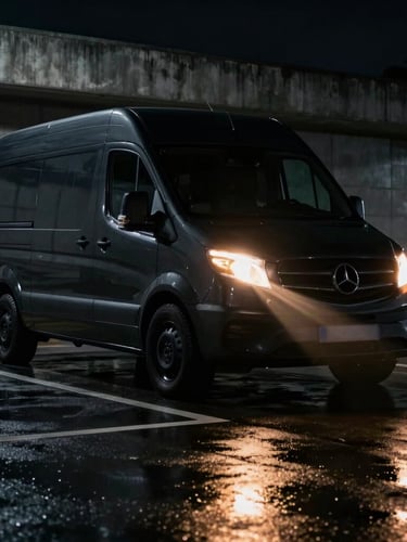 Sleek black sprinter van parked at a dark concrete backstage loading dock at night, dramatic amber headlight flares reflecting on wet asphalt, cinematic low-key lighting, 35mm anamorphic lens.