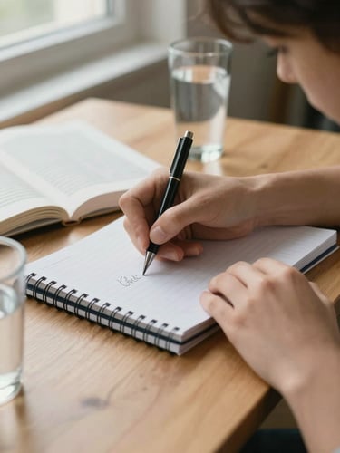 Close-up of a student's hands writing notes in a spiral notebook on a wooden desk, soft diffused daylight from a nearby window, a highlighted textbook page and a half-full glass of water visible at the edge of the frame, warm neutral tones throughout