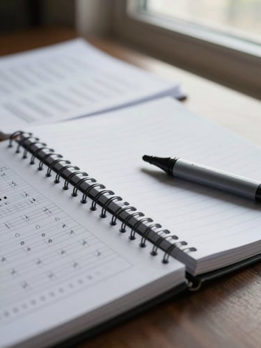 Close-up tight shot of open spiral notebooks and printed practice sheets spread across a desk, a highlighter resting on a margin note, soft indoor daylight from a nearby window, pages slightly textured and real-looking