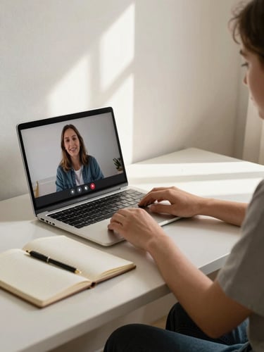 Wide shot from the right side of a home study desk — a student in a live video call on a laptop screen, hands resting on keyboard, soft natural window light diffusing across the desk surface, notebook open beside the computer, warm off-white wall in background