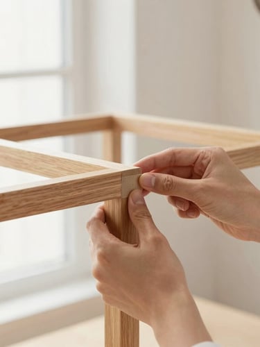 Bright interior photography, soft natural daylight, hands of an artisan carefully adjusting the backing of a modern oak wood frame, warm minimalist studio setting, shallow depth of field, 35mm lens
