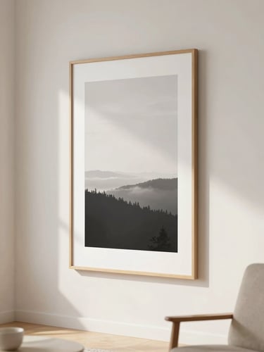 Bright modern living room with a large custom-framed vertical print on the wall, soft natural daylight, warm minimalist aesthetic, 35mm lens