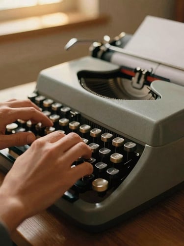Close-up of hands typing on a vintage typewriter, warm golden-hour light spilling across a wooden desk, shallow depth of field, 35mm film grain style.