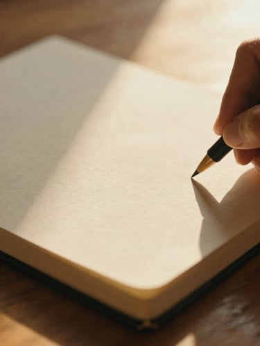 A close-up of a hand writing on a textured journal page, warm golden-hour light streaming across a wooden table, shallow depth of field, 35mm film grain