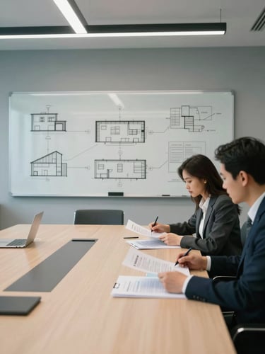 Wide shot of a modern conference room, architectural process diagrams covering a whiteboard in the background, two professionals reviewing printed documents at a long table, cool indoor office light, mid-distance framing