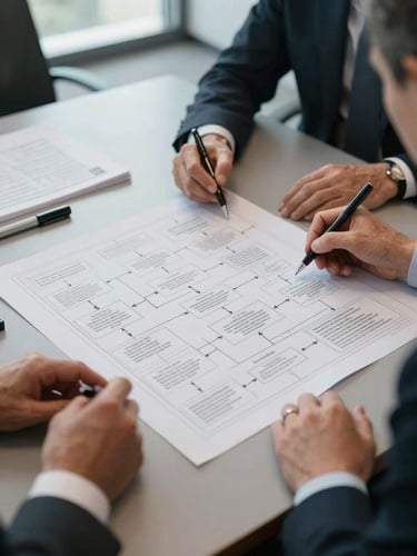 Wide-angle overhead view of a conference table, hands of two senior professionals reviewing a large printed process flow diagram with annotations in pen, cool neutral office lighting from high windows, documents and markers visible, no faces