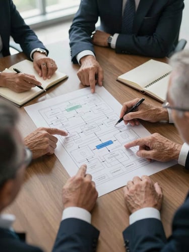 Close overhead shot of a large conference table in an Angolan office, senior professionals' hands pointing at a printed process architecture diagram, pens and notebooks visible, cool daylight from a window on the upper left, sharp focus on the diagram detail, no faces visible