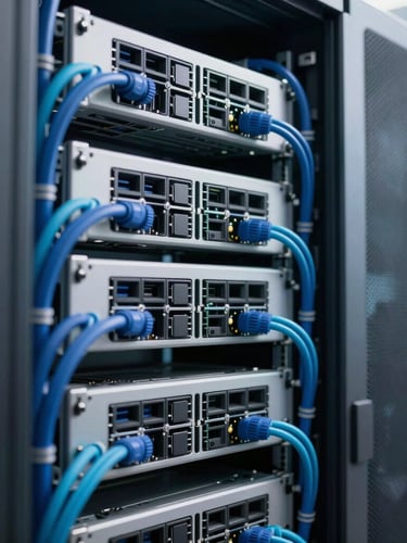 Macro shot of high-quality local server racks with clean blue and cyan cable management, cool modern indoor lighting, 35mm