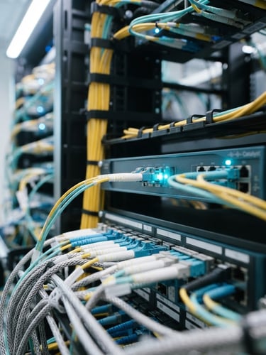 Macro shot of professional fiber-optic cable installation with clean blue and cyan indicator lights, sharp focus, 35mm
