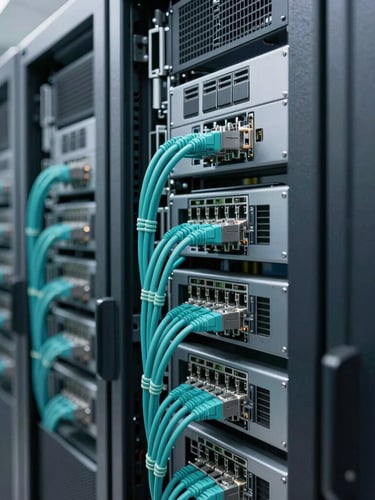 Close-up of clean server racks in a local datacenter, organized teal and cyan ethernet cables, bright daylight lighting, modern corporate photography, 35mm