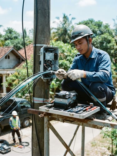 Medium shot of real fiber-optic cable installation in regional Indonesia, bright daylight with cool cyan highlights, professional network technology, sharp focus, 35mm
