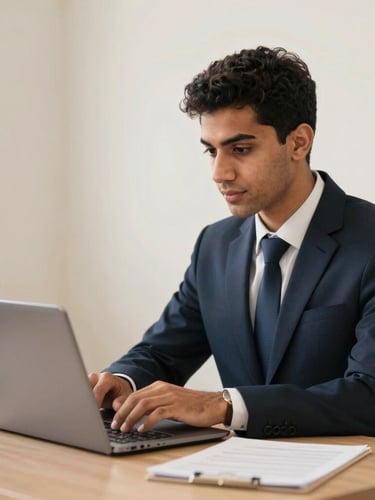 Professional Egyptian student working on a modern laptop in a bright studio, warm lighting, focused composition, 35mm lens