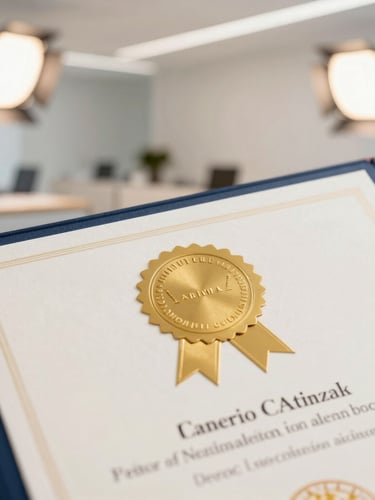 Close-up of an official certified certificate with gold seal, professional studio lighting, warm corporate tones