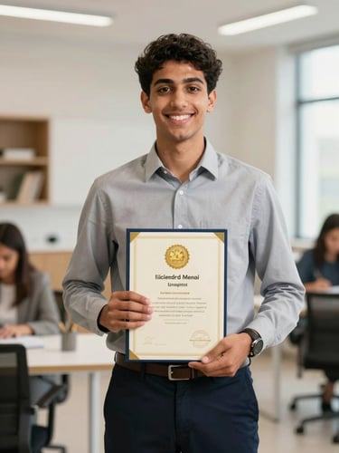 A professional portrait of an Egyptian student holding an accredited certificate with a gold embossed seal, smiling confidently, bright clean studio lighting, warm corporate tones, 35mm lens