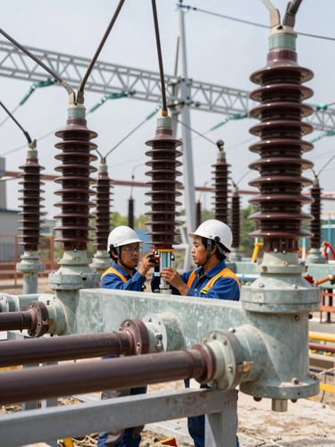 Close-up of high-voltage substation busbars and insulators being installed by a crew on an active construction site, daylight, steel lattice structure visible in background, conduit runs foreground