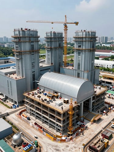 Overhead view of a power plant construction site showing turbine hall structure and surrounding infrastructure at mid-construction stage, crane visible, workers at scale in foreground, industrial daylight