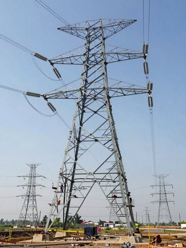 Close ground-level view of a transmission line tower being erected, steel lattice arms extending outward, crew workers visible on the structure in safety gear, midday industrial site light, wide environmental framing showing multiple towers receding into distance