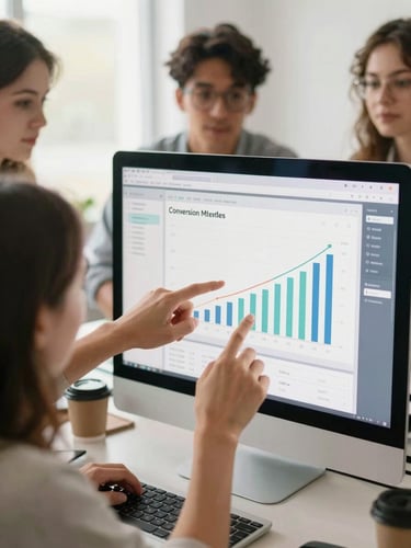 Dynamic close-up of a collaborative marketing team analyzing conversion metrics on a screen, bright candid office photography, natural daylight, warm energetic tones, shallow depth of field