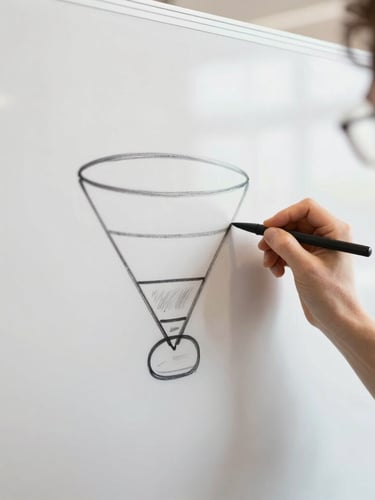 Close-up of hands sketching a high-converting digital funnel on a clean whiteboard in a bright, modern creative studio, warm energetic daylight, shallow depth of field, 35mm lens
