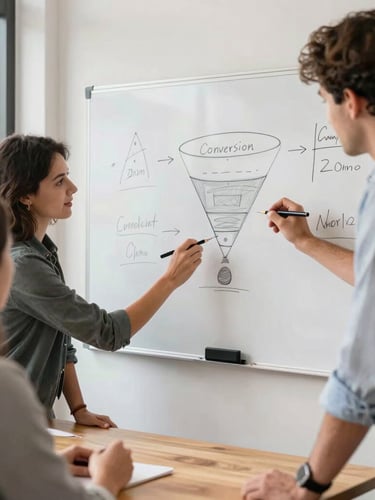 Bright candid office photography, natural daylight, warm energetic tones, a creative team collaborating around a modern wooden table, sketching a conversion funnel on a whiteboard, shallow depth of field, 35mm lens
