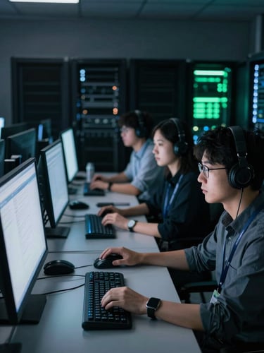 Candid wide shot of a technical security analyst team in a low-key command center, cool white screen illumination, focused professional atmosphere