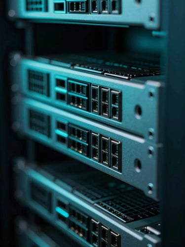 Extreme close-up of high-end server hardware interfaces, moody neon cyan ambient light, shallow depth of field, architectural technical layout
