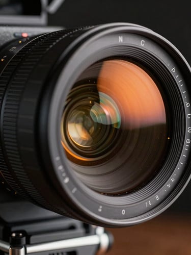 Extreme close-up of a high-end cinema camera lens reflecting dramatic orange studio lights, dark set background, cinematic shallow depth of field.