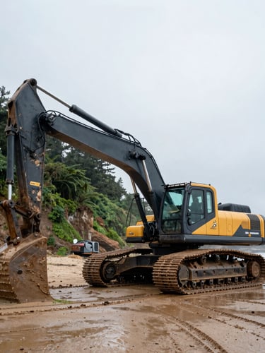 Low-angle heroic shot of a heavy tracked excavator on a coastal bluff, overcast moody daylight, damp surfaces, the machine's tracks are visible in wet sand, wide-angle lens, 35mm.