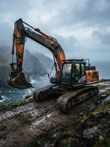 Low-angle heroic shot of a large tracked excavator, mud-covered, on a steep, misty coastal cliff edge at dawn, wide-angle lens, damp surfaces catching cold light, 35mm