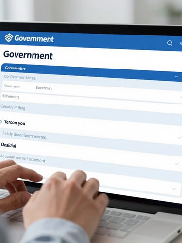 Clean professional photography of hands typing on a secure digital screen showing a simplified government form, bright neutral office lighting, sharp focus, corporate blue tones.