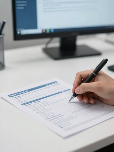 Professional close-up of a hand filling out a PAN card application form on a clean desk, secure digital screen in background, bright neutral office lighting.