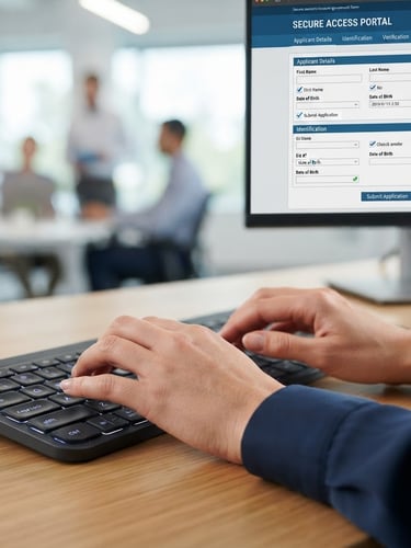 Close-up of hands typing on a clean keyboard, secure digital screen showing a simplified government form, bright neutral office lighting, professional corporate blue tones, sharp focus, 35mm lens