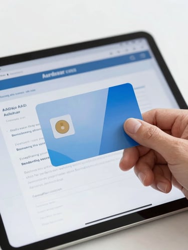 Close-up of a hand holding an Aadhar card over a secure digital form on a tablet, bright neutral office lighting, corporate blue tones.