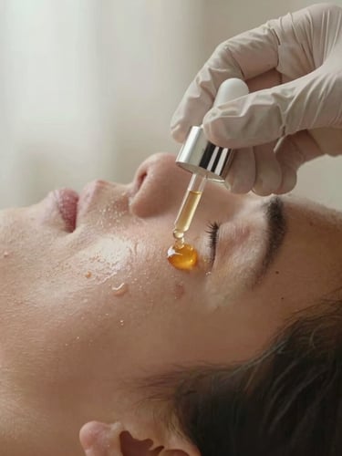 Extreme close-up of a clinical hand in a white glove gently applying a single drop of amber serum onto clean, highly hydrated skin showing real pores, soft natural daylight filtering through sheer curtains, warm sand background.