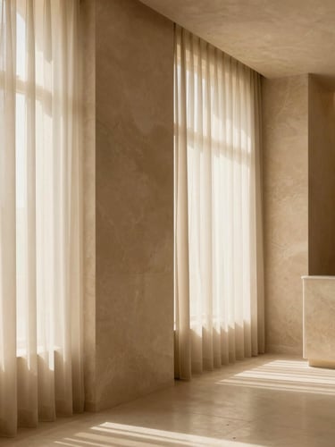 Architectural detail of a serene, travertine-clad skin clinic interior in Riyadh, soft diffused daylight filtering through sheer curtains, minimalist warm sand tones, quiet luxury