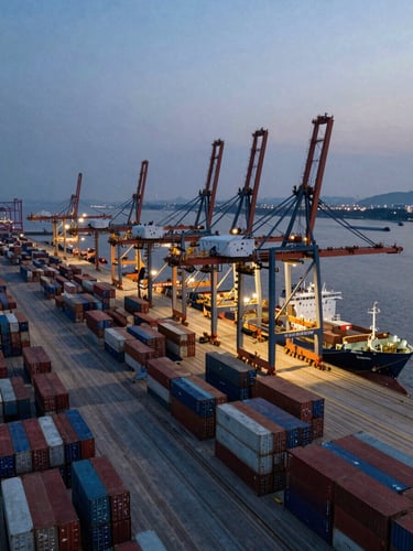 Bird's-eye overhead shot of a container terminal at dusk, cranes active, stacked containers in precise rows under cool port floodlights, a single vessel docked at the quay, wide establishing frame with open sky above