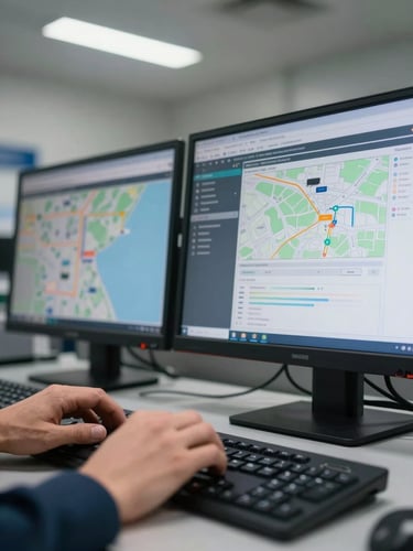 Close-up of hands at a logistics control workstation, fingers on keyboard with a live cargo tracking dashboard on screen, cool fluorescent overhead light, port maps and shipment status visible on dual monitors, narrow depth of field bringing the interface sharp
