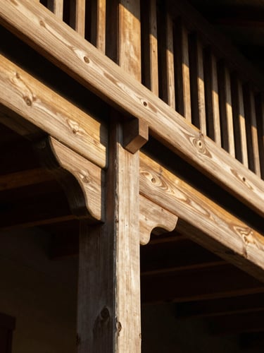 Macro shot of traditional Queenslander timber veranda details, high-contrast natural light, deep shadows, golden hour warmth reflecting off structural elements, premium architectural composition.